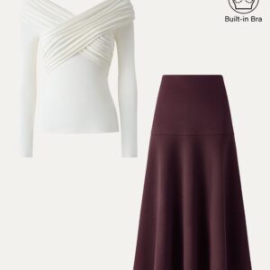 Alternative view of 2-teiliges Set: Gerafftes V-Ausschnitt-Oberteil und ausgestellter Maxirock aus kaschmirähnlichem Material.