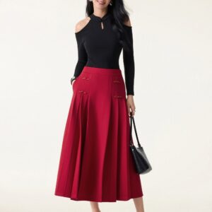 Plissierter Midi-A-Linien-Rock mit Froschknopf-Dekor