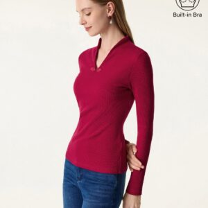 Gerippter Stehkragen mit V-Ausschnitt, Froschknopfverschluss und langen Ärmeln